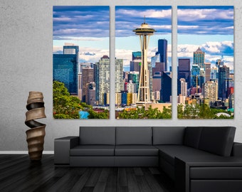 Seattle Skyline Canvas Print Wall Art white clouds, blue skies. Seattle, Washington city print - GIclee wall decor, home decor, office decor