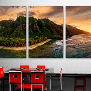 Hawaii&#39;s Na Pali Coast Canvas Print Wall Art, Napali coast art golden sunset, Kauai landscape print -Giclee print set Home Decor, Wall Decor