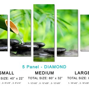 May include: A five-panel diamond-shaped canvas print featuring a bamboo shoot pouring water onto smooth black stones in a tranquil green setting. The print is available in three sizes: small (40 inches by 22 inches), medium (60 inches by 32 inches), and large (80 inches by 42 inches).