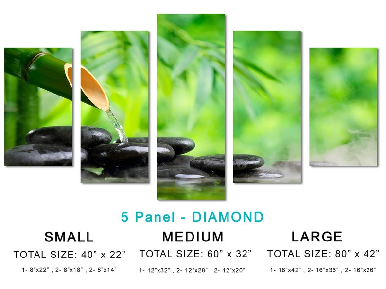 May include: A five-panel diamond-shaped canvas print featuring a bamboo shoot pouring water onto smooth black stones in a tranquil green setting. The print is available in three sizes: small (40 inches by 22 inches), medium (60 inches by 32 inches), and large (80 inches by 42 inches).