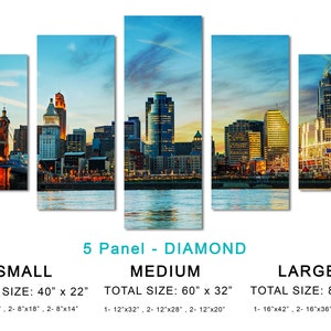 Cincinnati City Skyline Canvas Prints Large Wall Art. Ohio Panoramic Cityscape w blue skies. Giclee home office wall decor, interior design 5 Panel Diamond