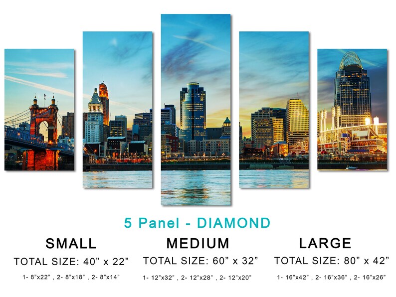 Cincinnati City Skyline Canvas Prints Large Wall Art. Ohio Panoramic Cityscape w blue skies. Giclee home office wall decor, interior design image 6