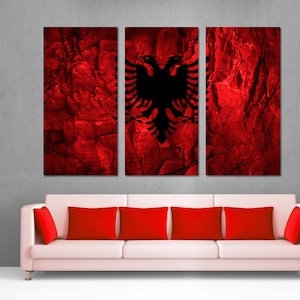 Albania Flag Canvas Print Wall Art Stone background effect country flag, red flag. Giclee for home decor, office decor & interior design