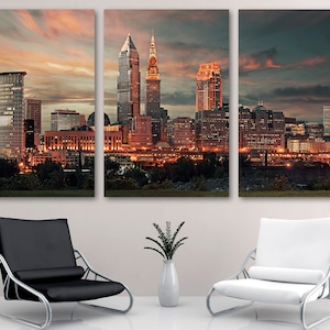 Downtown Cleveland, Ohio skyline Canvas Print Wall Art skyline at dusk - Giclee artwork for home or office wall decor and interior design