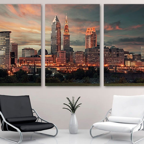 Downtown Cleveland, Ohio skyline Canvas Print Wall Art skyline at dusk - Giclee artwork for home or office wall decor and interior design