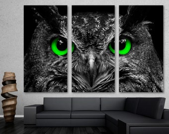 Green Eyed Owl Portrait Canvas Print Wall Art. Wildlife bird art, animal art, owl print - Giclee home art decor, wall decor, interior design