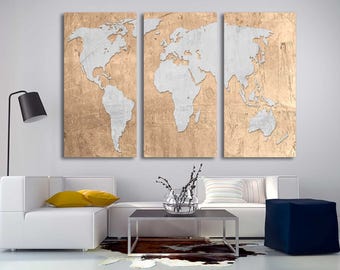 Raffia Beige, Silver World Map Canvas Print - 3 Panel Split, Triptych. Wall art for home or office wall decor, interior design & room decor