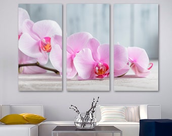Pink orchid flower Wall Art Canvas Print over grey background. Flower art, blossom - Giclee art for home decor, wall decor, interior design
