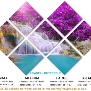 May include: A 7-panel butterfly wall art set featuring a waterfall cascading through a lush forest with vibrant purple flowers. The set is available in four sizes: small (43" x 29"), medium (64" x 43"), large (85" x 57"), and x-large (102" x 68").