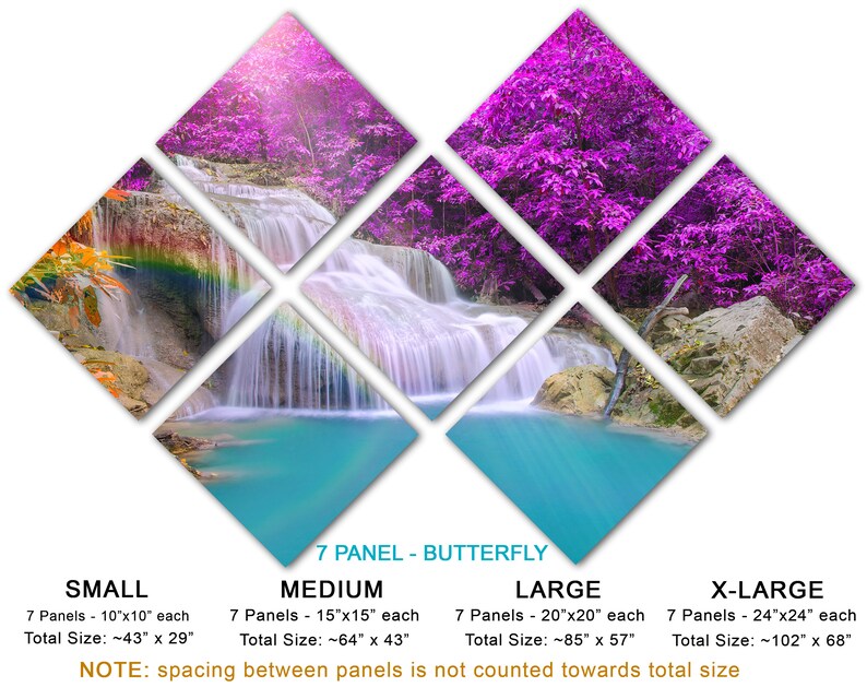 May include: A 7-panel butterfly wall art set featuring a waterfall cascading through a lush forest with vibrant purple flowers. The set is available in four sizes: small (43" x 29"), medium (64" x 43"), large (85" x 57"), and x-large (102" x 68").