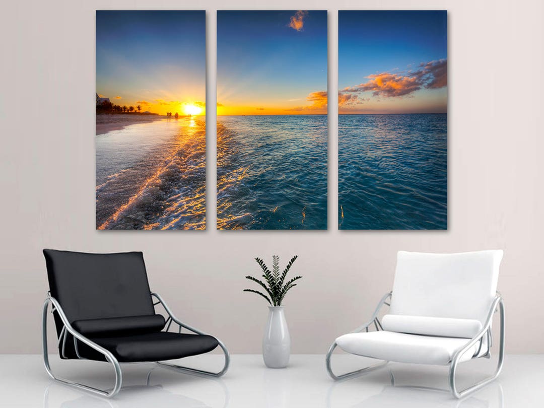 Golden Sunset Beach Canvas Wall Art With Tropical Ocean Waves and Blue ...