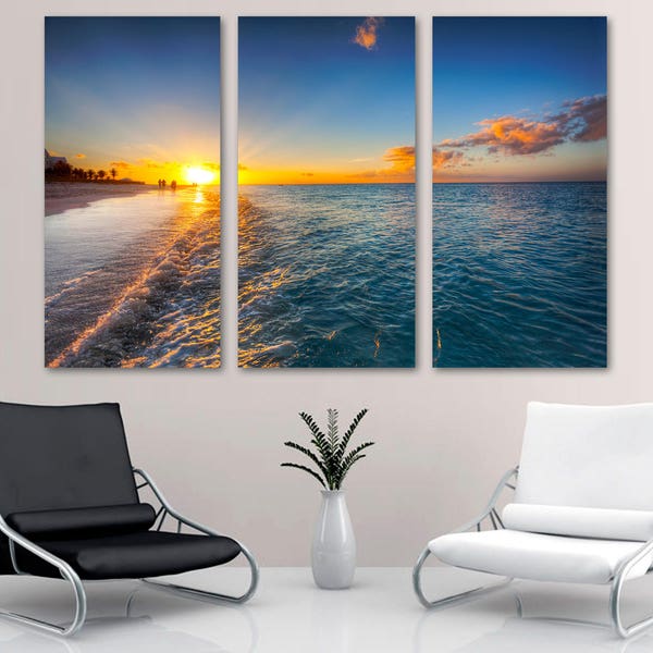 Beach Wall Art Decor at Sunset Canvas Prints. Beach photography with Yellow and blue skies - Giclee home decor office decor, room wall decor