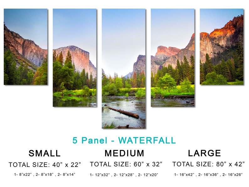 Gates to Valley Canvas Print Large Wall Art Landscape Yosemite National Park Mountains Triptych Giclee Home Office Wall Decor 5 Panel Waterfall
