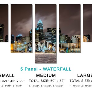 Charlotte NC Skyline Canvas Print Wall Decor City Art Print. Panoramic view during a winter night Giclee Home Office Decor, wall decor 5 Panel Waterfall