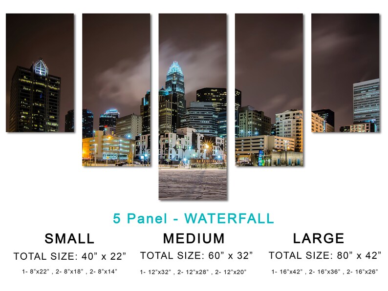 Charlotte NC Skyline Canvas Print Wall Decor City Art Print. Panoramic view during a winter night Giclee Home Office Decor, wall decor 5 Panel Waterfall