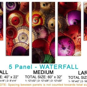 May include: A five-panel waterfall canvas print featuring a colorful display of Japanese umbrellas. The umbrellas are arranged in a cascading pattern, with the colors red, purple, pink, and gold dominating the design. The print is available in three sizes: small (40 inches by 22 inches), medium (60 inches by 32 inches), and large (80 inches by 42 inches).