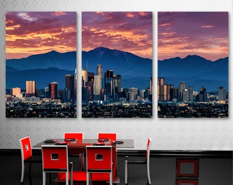 Los Angeles Skyline Wall Art Canvas Print during evening. Downtown LA skyline purple skies - Giclee office art decor, wall decor, home decor