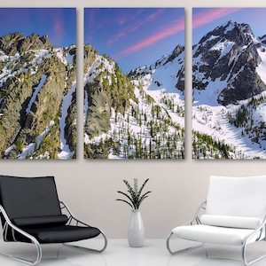 Sawtooth Mountains, Idaho Canvas Print Wall Art purple skies. Jagged Snowy Peaks, Pine Trees on Slopes - Giclee print wall art Office Decor