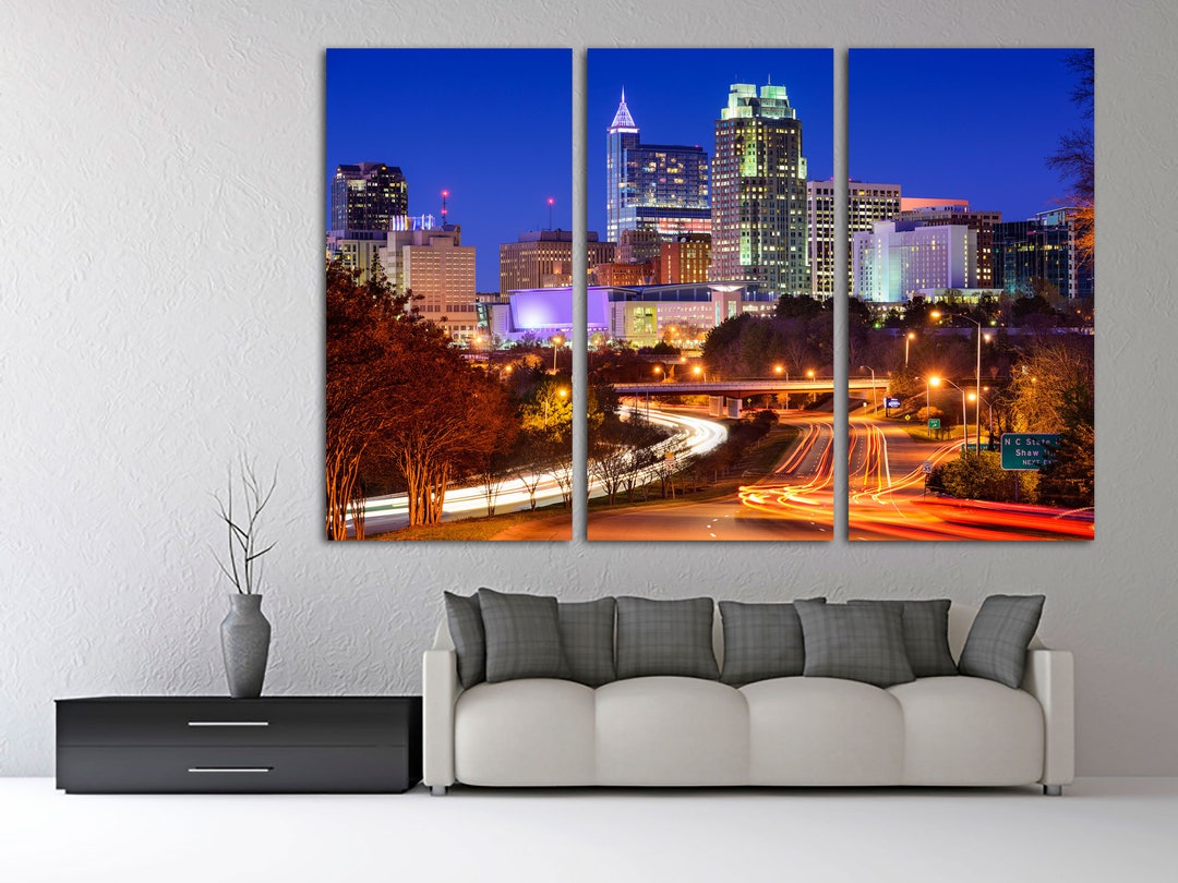 Raleigh Skyline Canvas Print at Night With City Lights and Blue Hour ...