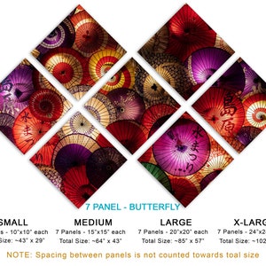 May include: A 7-panel butterfly wall art set featuring a colorful display of Japanese umbrellas. The panels are available in four sizes: small (43 inches by 29 inches), medium (64 inches by 43 inches), large (85 inches by 57 inches), and x-large (102 inches by 68 inches).