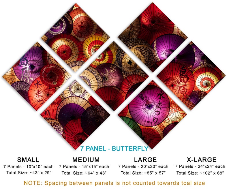 May include: A 7-panel butterfly wall art set featuring a colorful display of Japanese umbrellas. The panels are available in four sizes: small (43 inches by 29 inches), medium (64 inches by 43 inches), large (85 inches by 57 inches), and x-large (102 inches by 68 inches).