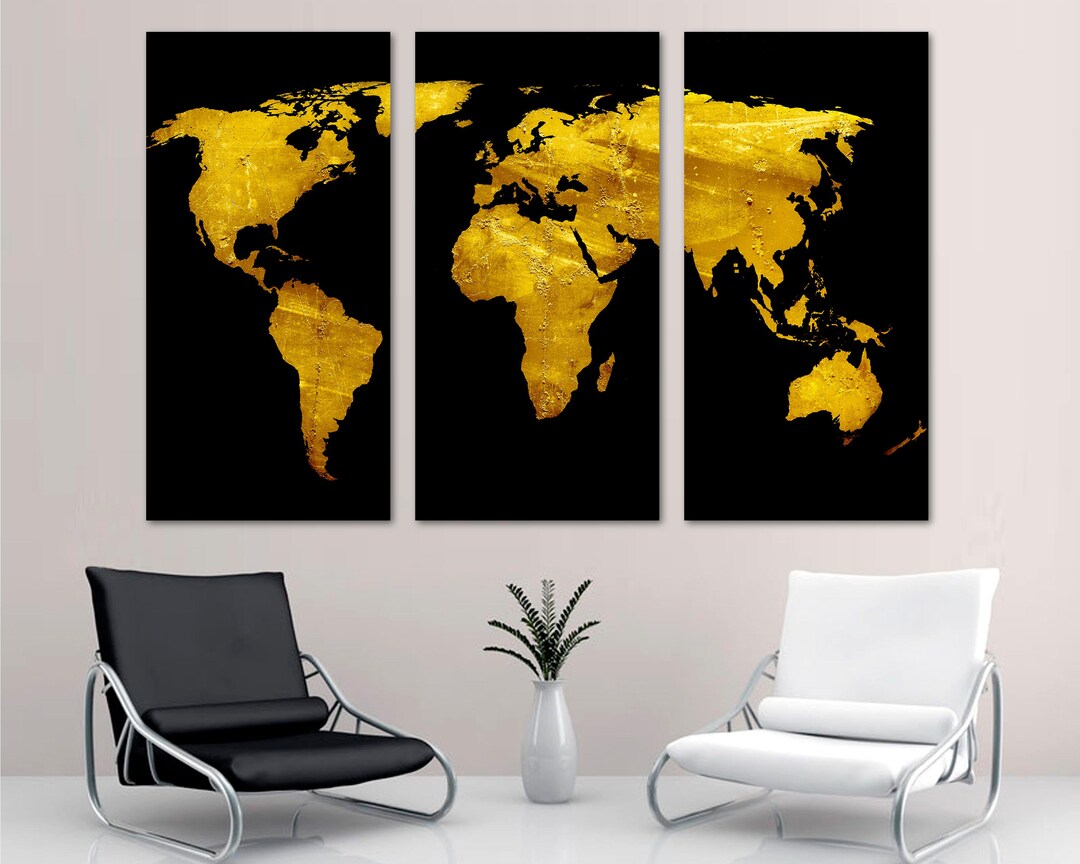 Gold Black World Map Wall Art Canvas Print With Distressed Industrial ...