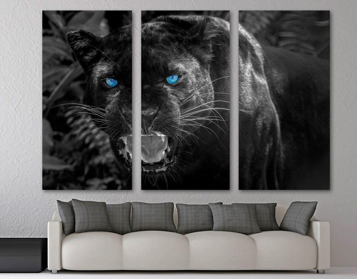 Black Panther Canvas Print wall art blue eyes. Animal art | Etsy