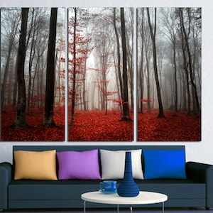 Red Leaves Forest Trees Canvas Wall Art Print. Misty Nature Scenery set of 3 pieces - Giclee living room wall decor, Home interior design.