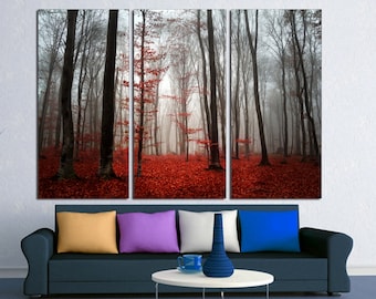 Misty Red Forest Canvas Print Nature Wall Art, Autumn Woods Landscape Photography