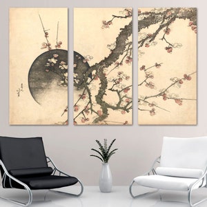 Plum Blossom and Moon Japanese Wall Art Asian Canvas Print By Katsushika Hokusai. Ukiyo-e Art Prints Set - Giclee Home Decor Wall Decor