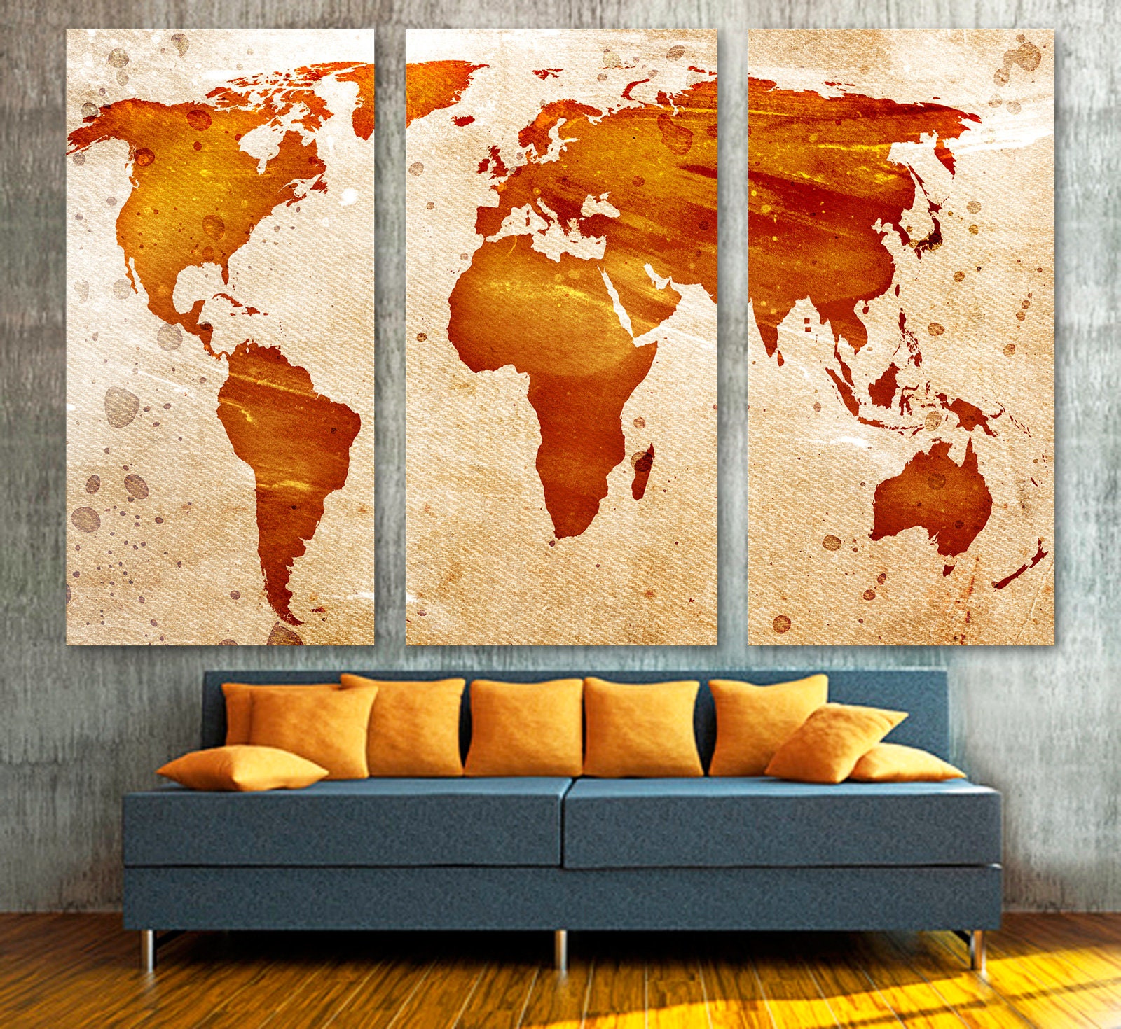 World Map Panel Art Light Orange World Map Canvas Print 3 Panel Split Triptych. | Etsy Singapore