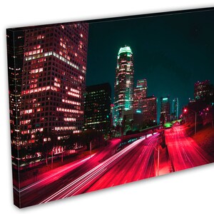 Downtown LA, Los Angeles City skyline Canvas Print. 3 Panel Split, Triptych. Pink-red freeway for home or office wall decor, interior design 1 Panel