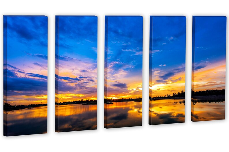 Blue & Gold Lake Sunset 3 Panel Split Triptychcanvas | Etsy