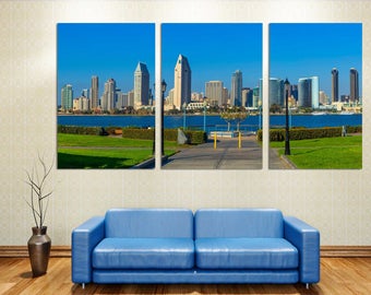 Downtown San Diego city Skyline Canvas Print - 3 Panel Split, Triptych. Daytime cityscape blue skies print for wall decor & interior design.