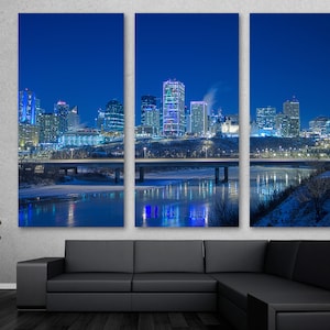 Edmonton Skyline, Alberta Canada Canvas Print Wall Art in blue night - Canada cityscape - Giclee home art decor, wall decor, interior design