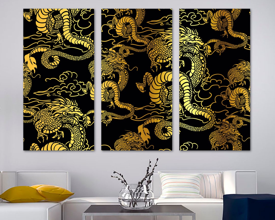 Chinese Dragons Canvas Print Wall Art Yellow-gold on Black