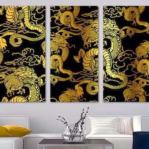 Chinese Dragons Canvas Print Wall Art yellow-gold on black. Chinese wall art, asian art decor, chinese art - Giclee home office wall decor