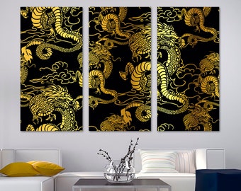Chinese Dragons Canvas Print Wall Art yellow-gold on black. Chinese wall art, asian art decor, chinese art - Giclee home office wall decor
