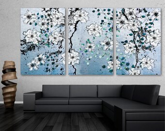Floral Wall Art Canvas Print. Blue Floral Print Illustration, Flower wall art - Giclee Baby Boy room decor art, wall decor, interior design