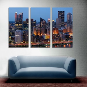 Pittsburgh city at night Canvas Print Wall Art - 3 Panel Split, Pennsylvania Cityscape for home or office wall decor and interior design.