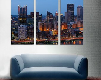 Pittsburgh city at night Canvas Print Wall Art - 3 Panel Split, Pennsylvania Cityscape for home or office wall decor and interior design.