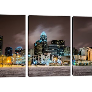 Charlotte NC Skyline Canvas Print Wall Decor City Art Print. Panoramic view during a winter night Giclee Home Office Decor, wall decor 3 Panel