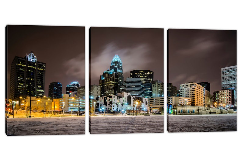 Charlotte NC Skyline Canvas Print Wall Decor City Art Print. Panoramic view during a winter night Giclee Home Office Decor, wall decor 3 Panel