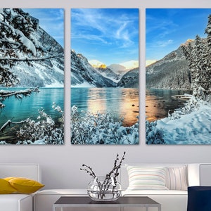 Banff National Park Canvas Print Wall Art Lake Louise Mountains & Blue Skies. Alberta Canada scenic landscape -Giclee home office wall decor