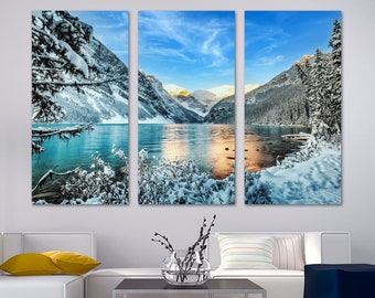 Banff National Park Canvas Print Wall Art Lake Louise Mountains & Blue Skies. Alberta Canada scenic landscape -Giclee home office wall decor