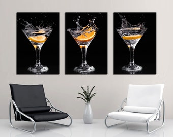 Martini Drinks w. Oranges - 3 Panel, Triptych Canvas Print - Modern wall art prints for kitchen wall decor, interior design - 1.5" frames