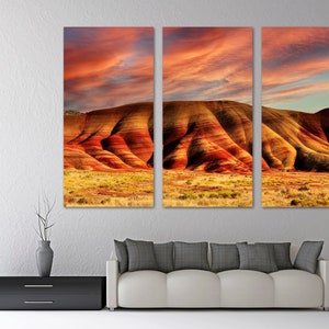 Painted Hills Canvas Print Wall art orange skies at John Day Oregon National Monument. Scenic Landscape Print Giclee home office wall decor image 1