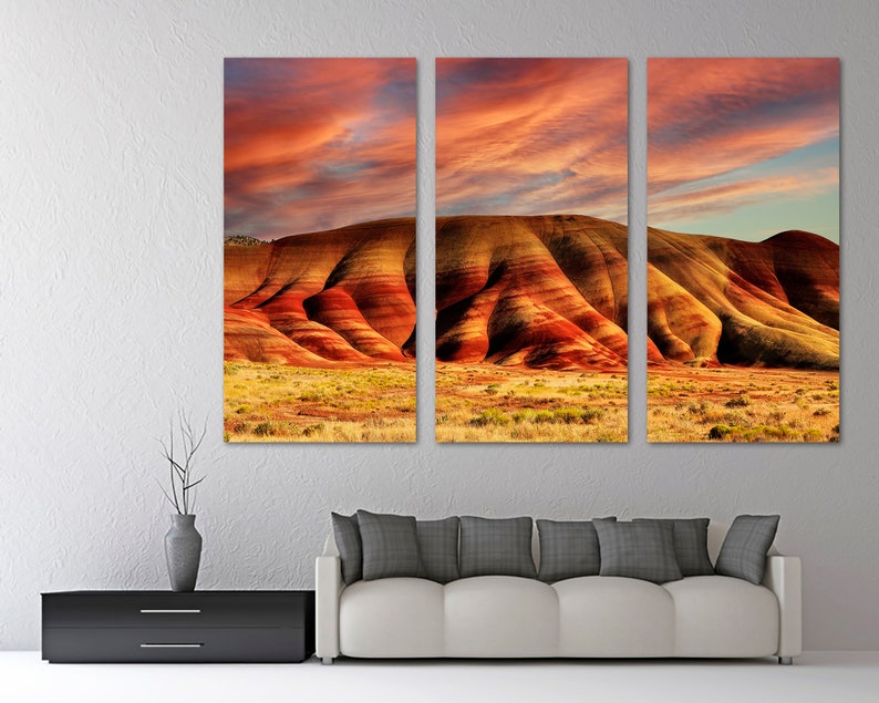 Painted Hills Canvas Print Wall art orange skies at John Day Oregon National Monument. Scenic Landscape Print Giclee home office wall decor image 1