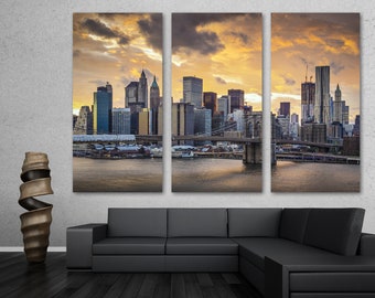 New York City Skyline, Brooklyn bridge Canvas Print Triptych, 3 Panel Split. NYC midtown Manhattan art for wall decor, interior design.