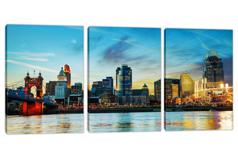 Cincinnati City Skyline Canvas Prints Large Wall Art. Ohio Panoramic Cityscape w blue skies. Giclee home office wall decor, interior design 3 Panel